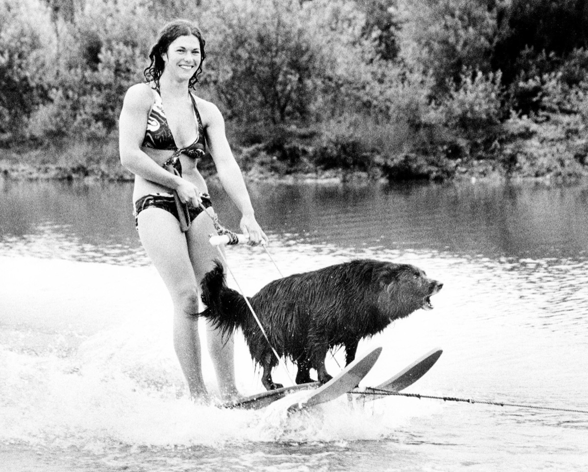 A Woman Water Skiing with her dog