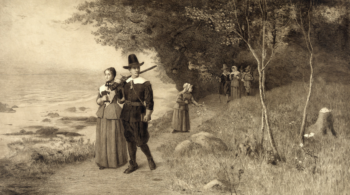 Thanksgiving, Pilgrims holding bibles, ca 1800s.