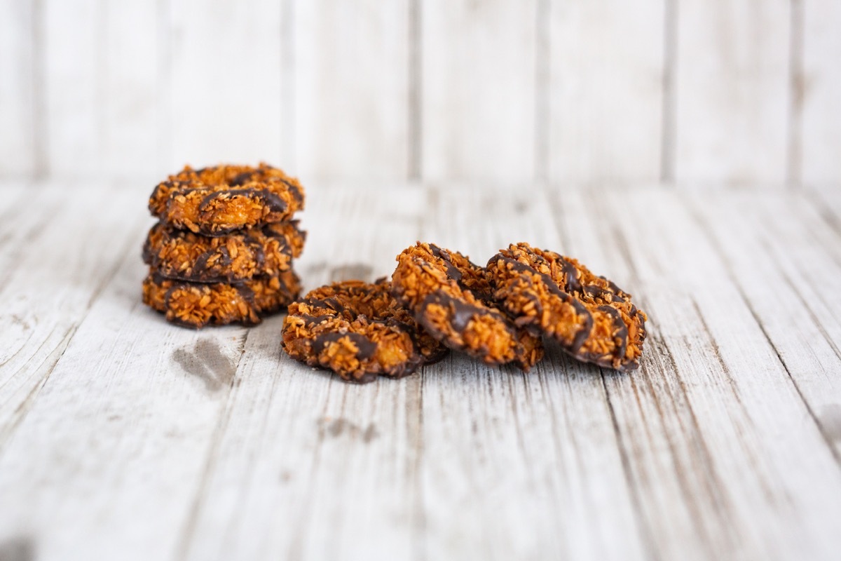 samoa girl scout cookies on wooden table